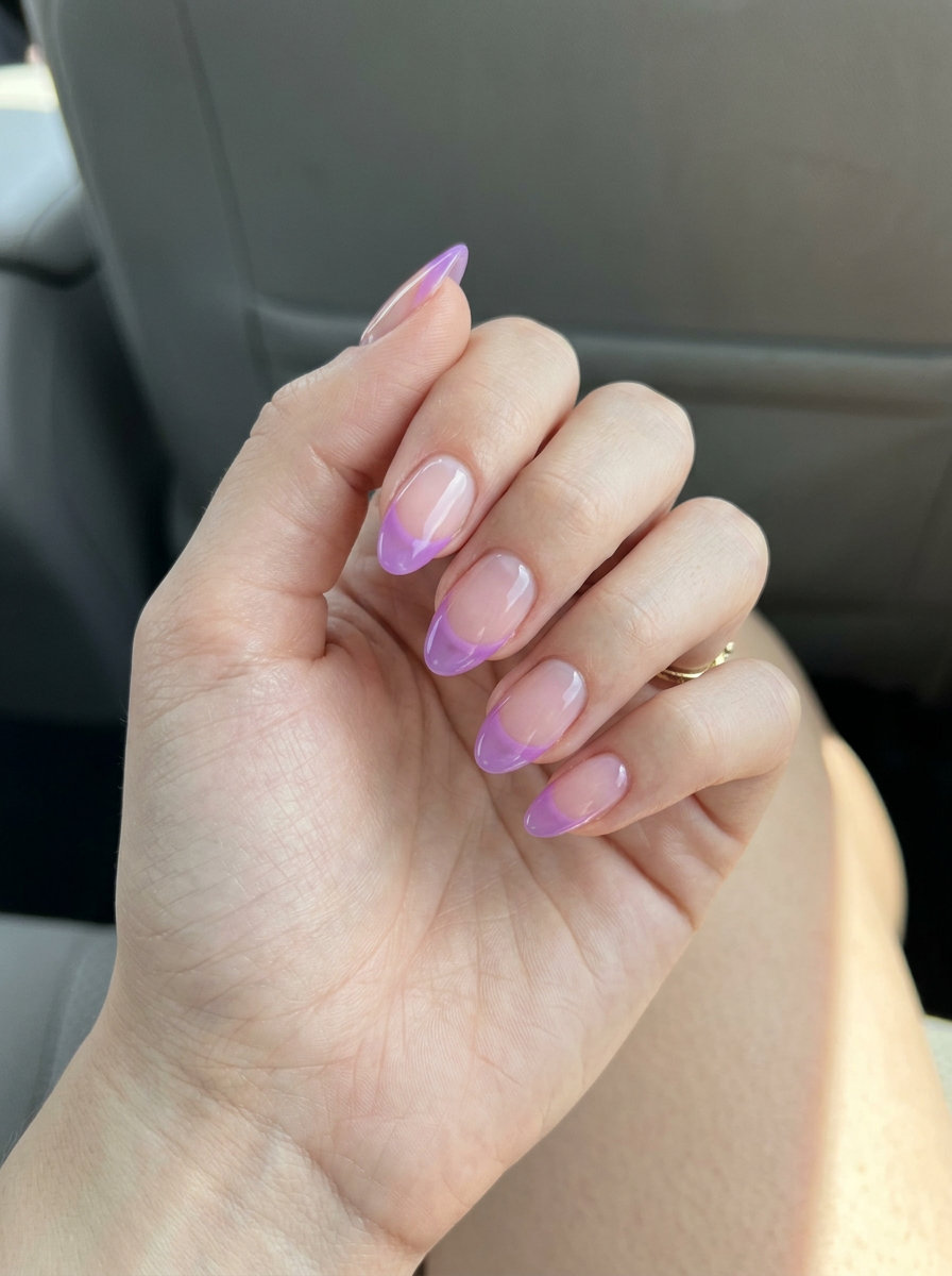 Jelly lavender French tip almond nails, fun for almond summer nails 2026 for fair skin vacations.