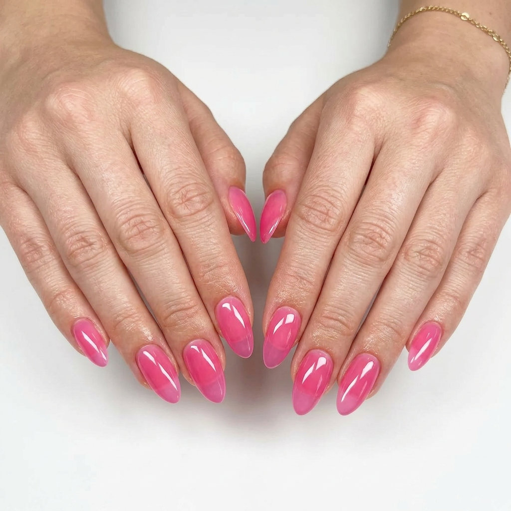 Juicy jelly pink almond nails with high gloss for fair skin. Almond summer nails 2026.