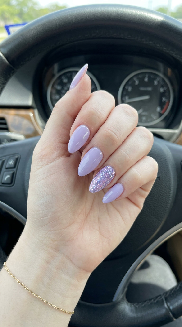 Almond summer nails 2026 for fair skin: Lavender glitter accent for festivals & evening events.