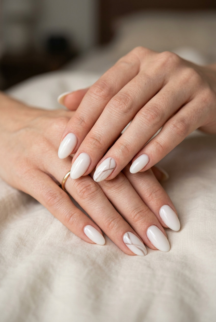 Milky white almond nails with subtle abstract lines for fair skin. Almond summer nails 2026.