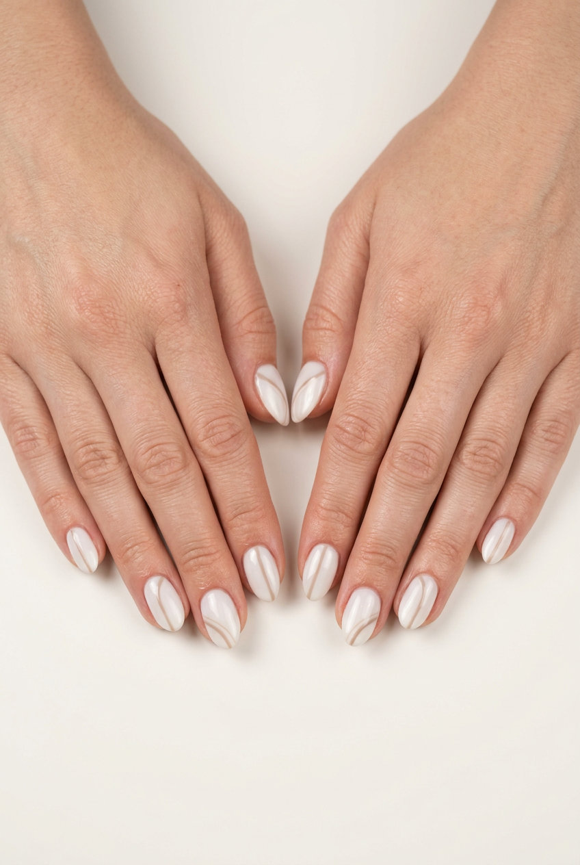 Milky white almond nails with subtle beige lines for fair skin. Almond summer nails 2026.