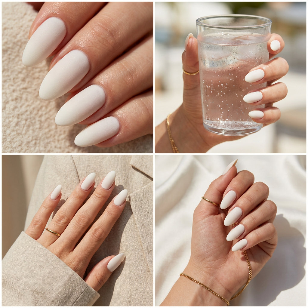 Almond summer nails 2026 for fair skin: Milky white textured matte for work & casual chic.