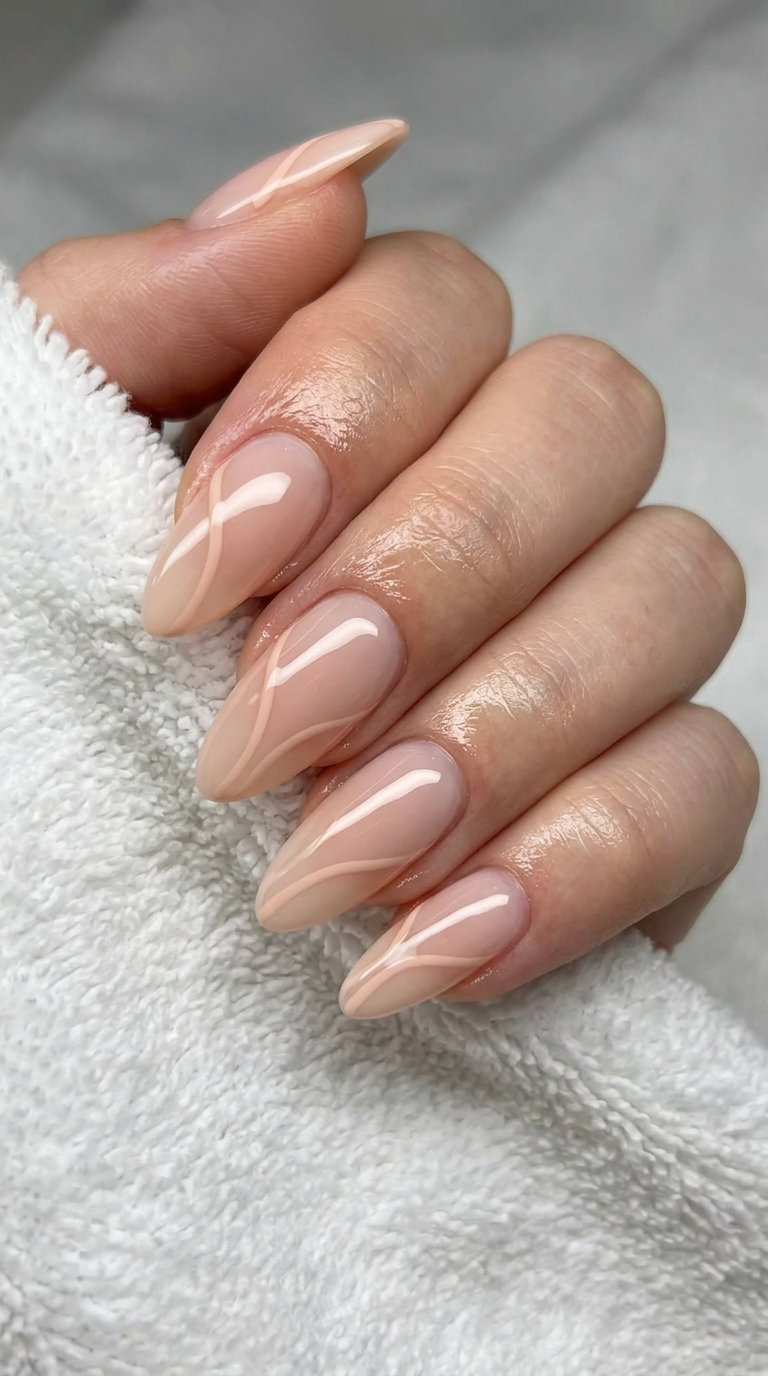 Almond summer nails 2026 for fair skin: Pale peach abstract lines for daily wear & creative events.