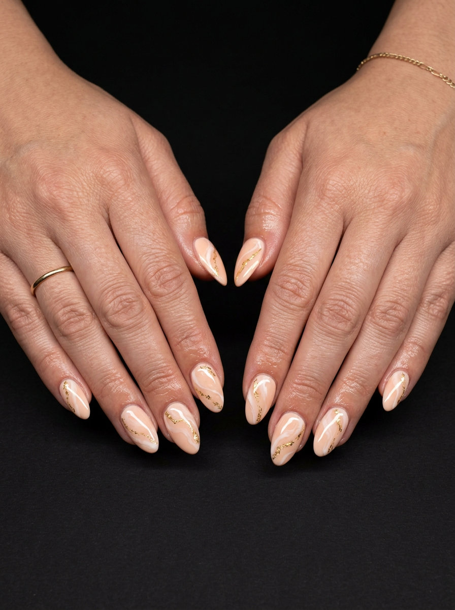 Peach marble swirl almond nails with gold accents for fair skin. Almond summer nails 2026.