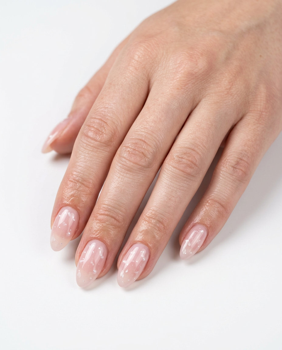 Almond summer nails 2026 for fair skin: Sheer pink milk bath with white pearls for weddings & dates.