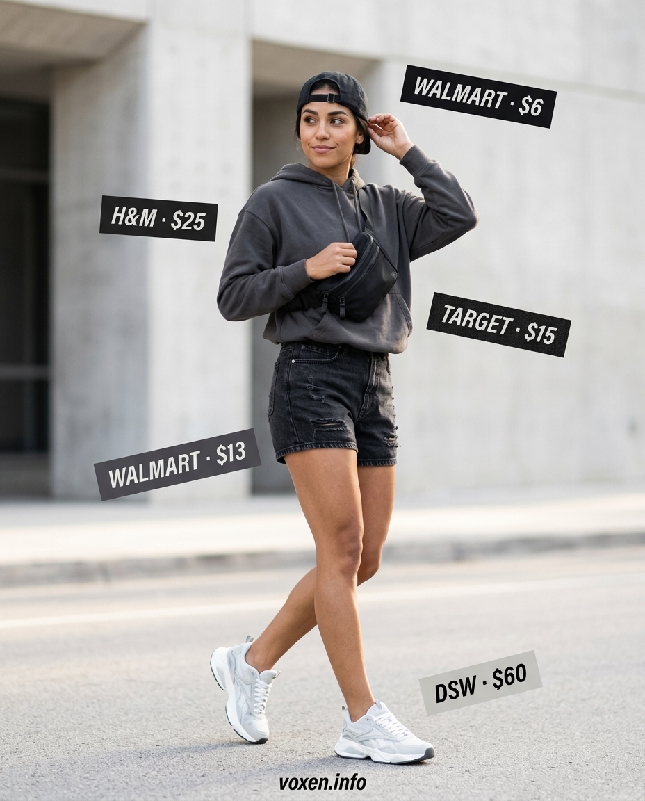 Alternative: Summer Denim Shorts Outfits 2026 - Athleisure Comfort Summer Cutoff Denim Shorts Outfits 2026: Alternative - black biker shorts with a grey hoodie and athletic sneakers for travel comfort.