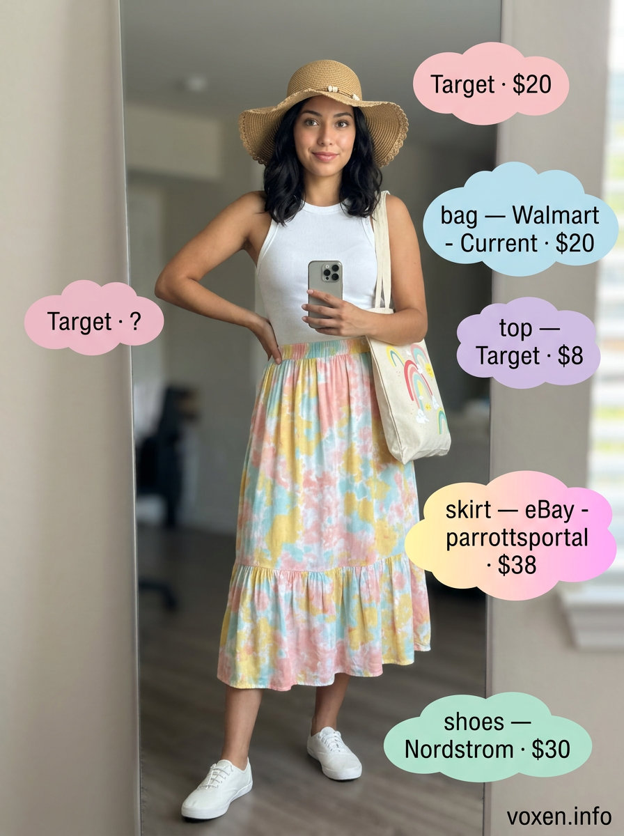 Beach Day Outfit 2026: Pastel Sundress Pastel tie-dye sundress for a beach day. What to wear with tennis skirt summer 2026 alternative.
