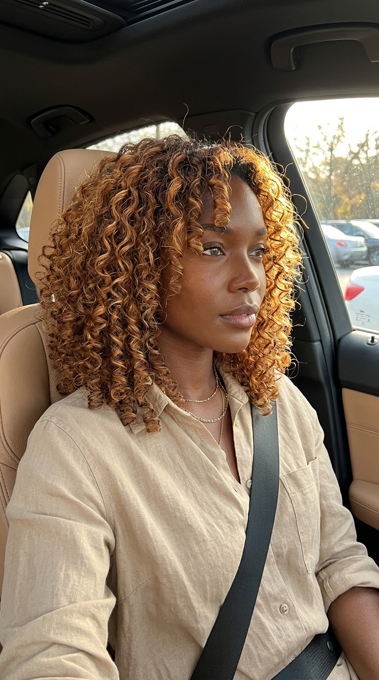 medium-length natural curl haircut with golden amber color and copper undertones, face-framing layers — effortless radiant