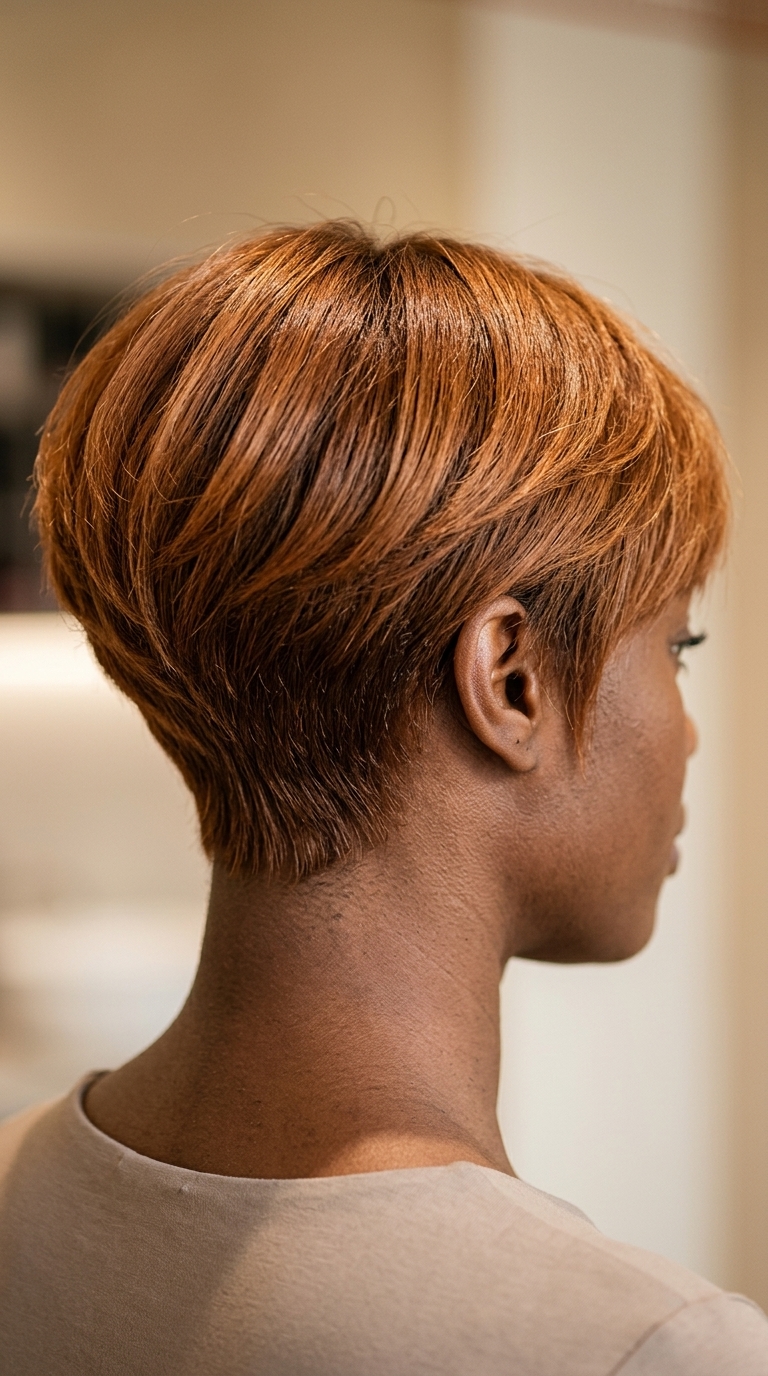 short pixie bob with razored layers, amber ale color, tapered nape, no bangs — bold modern