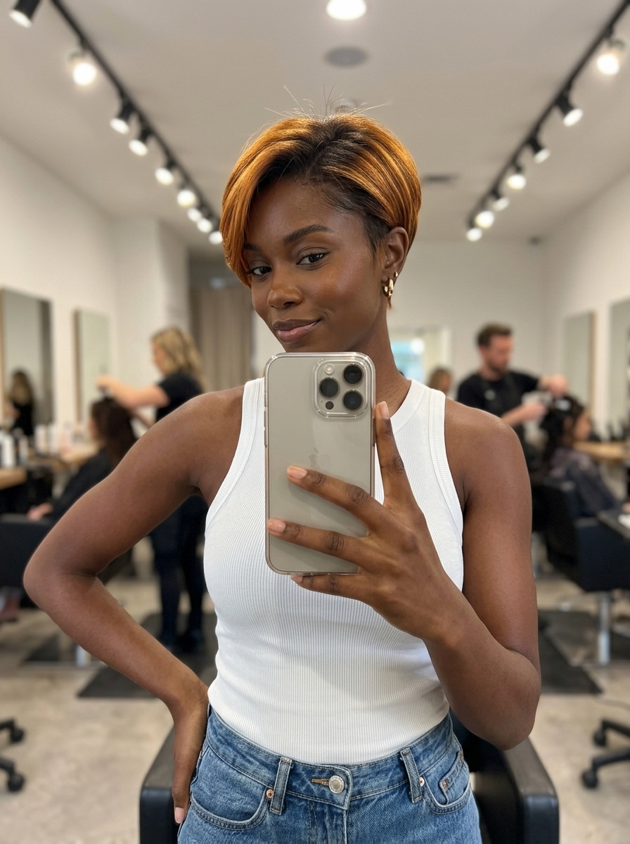 short amber ale pixie haircut with textured layers and espresso root smudge for summer