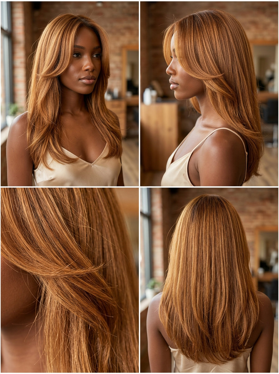 long curve cut in amber glaze with caramel ribbons, prominent 'C' shape face-framing layers — romantic and golden