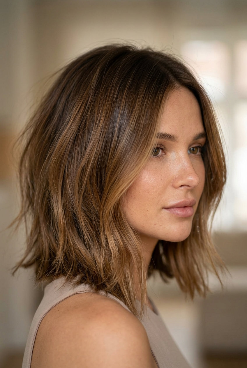 shoulder-length amber caramel ombre lob with textured layers and face-framing pieces
