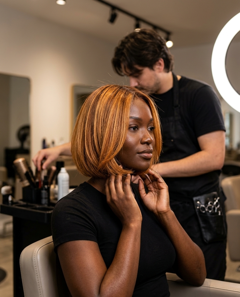 chin-length textured bob with golden amber highlights, warm brown root smudge, face-framing layers — playful sun-kissed