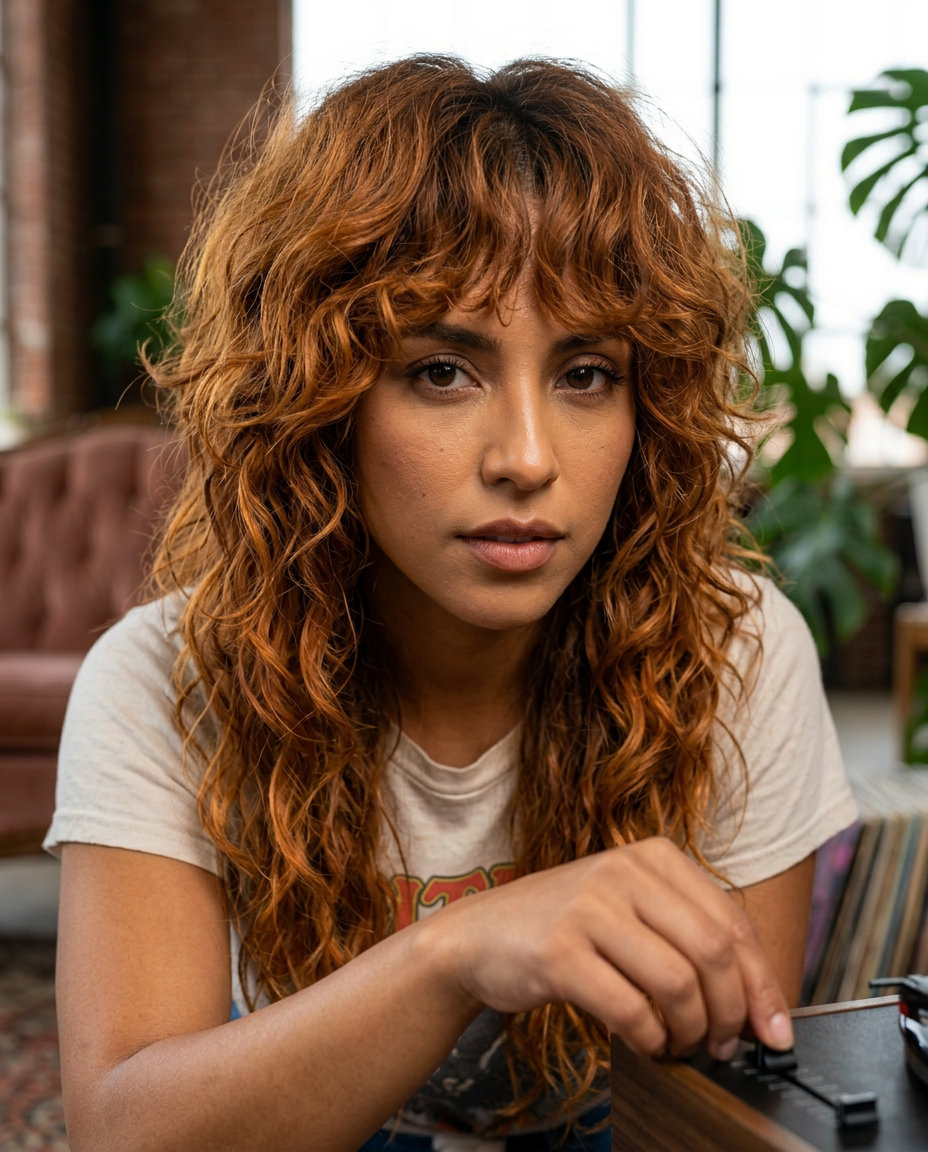 medium-length shag haircut with amber glaze, choppy layers, and curly curtain bangs for free-spirited style