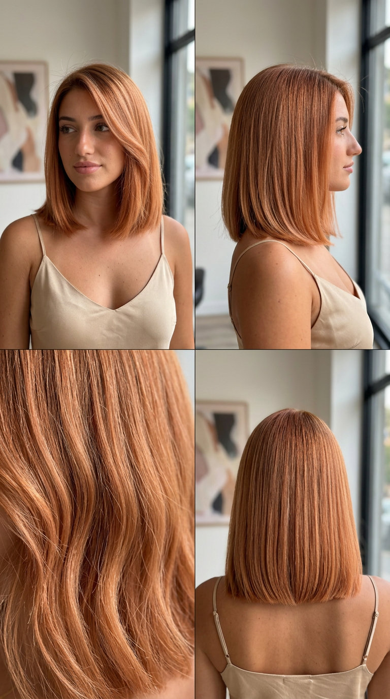 collarbone haircut with amber glaze, peach undertones and blunt ends for summer