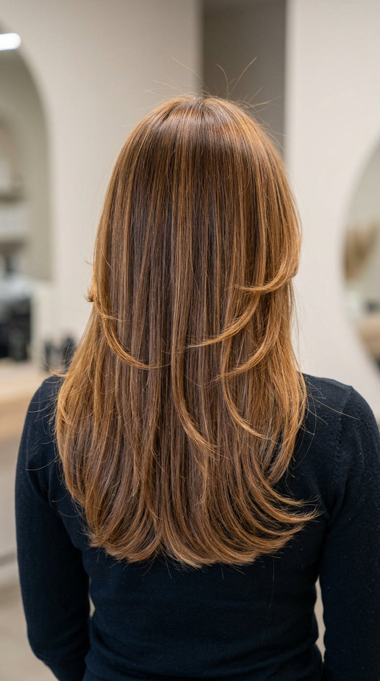 long curve cut in amber glaze with caramel ribbons, prominent 'C' curve face-framing layer — bold and glamorous