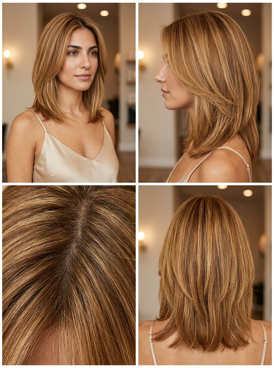 long layered honey blonde hair color with deep amber lowlights, reverse balayage, no fringe — sophisticated professional branding photoshoot