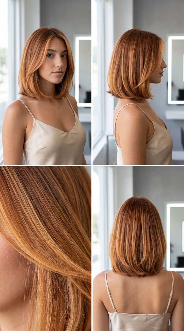 shoulder-length apricot auburn balayage bob with soft layers