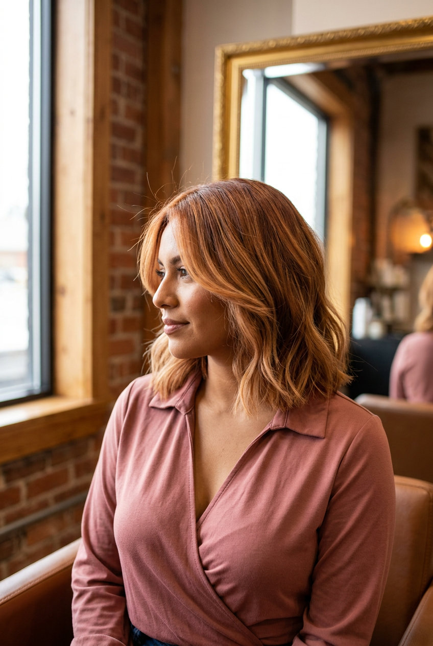 collarbone-length apricot auburn lob with honey balayage and face-framing layers for date night