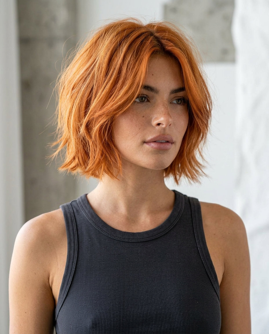 chin-length apricot copper shag bob with choppy layers and eye-skimming fringe for summer