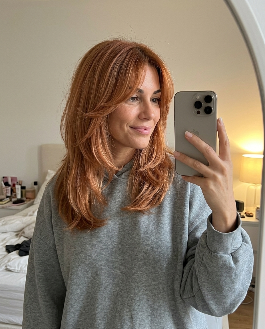 Bohemian Apricot Shag: Vibrant Summer Cut 2026 mid-length shag haircut with soft apricot copper, strawberry blonde balayage, and wispy curtain fringe for boho