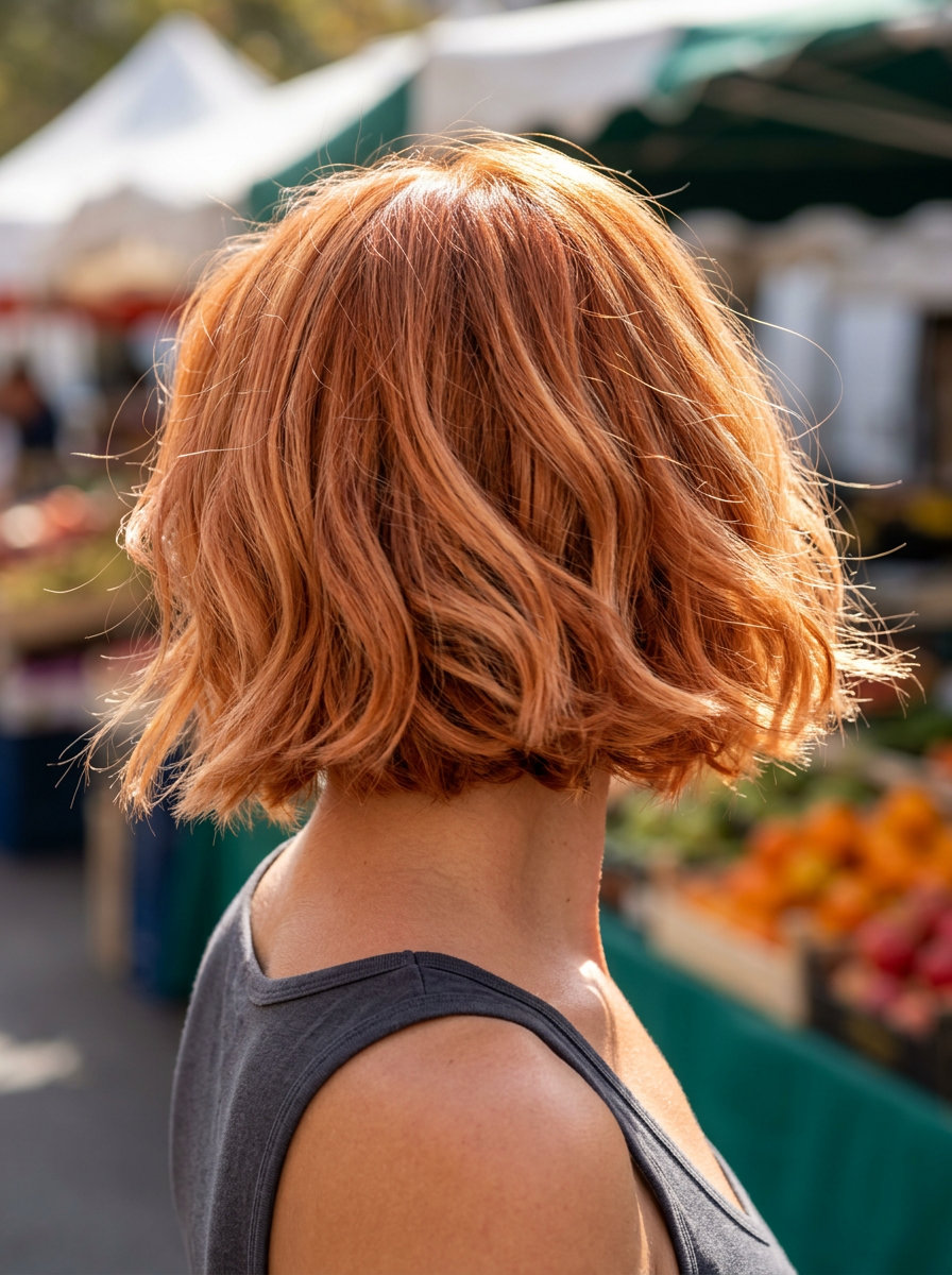 short French bob with apricot crush copper, strawberry blonde highlights, soft layers — playful weekend style