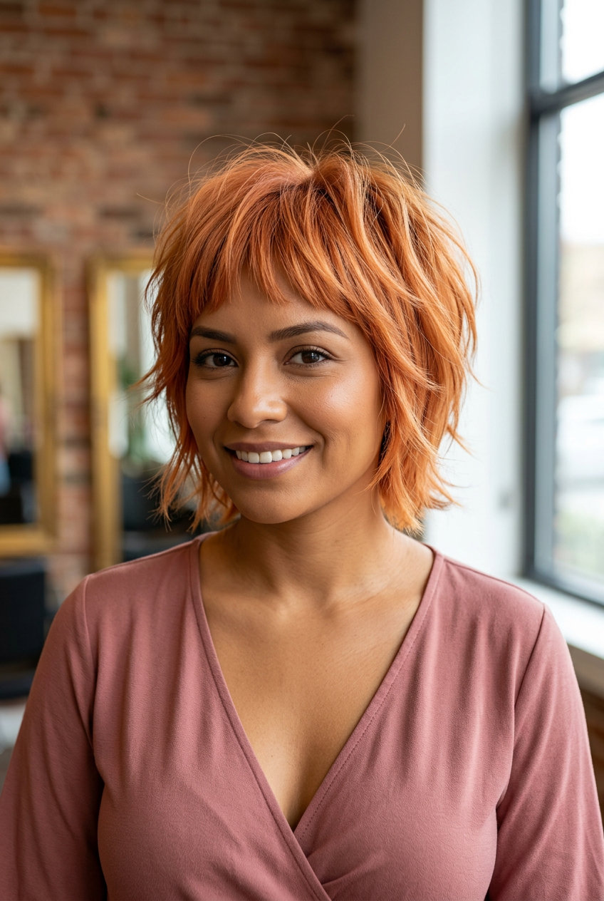 short apricot copper shag with peach undertones and micro-fringe for summer