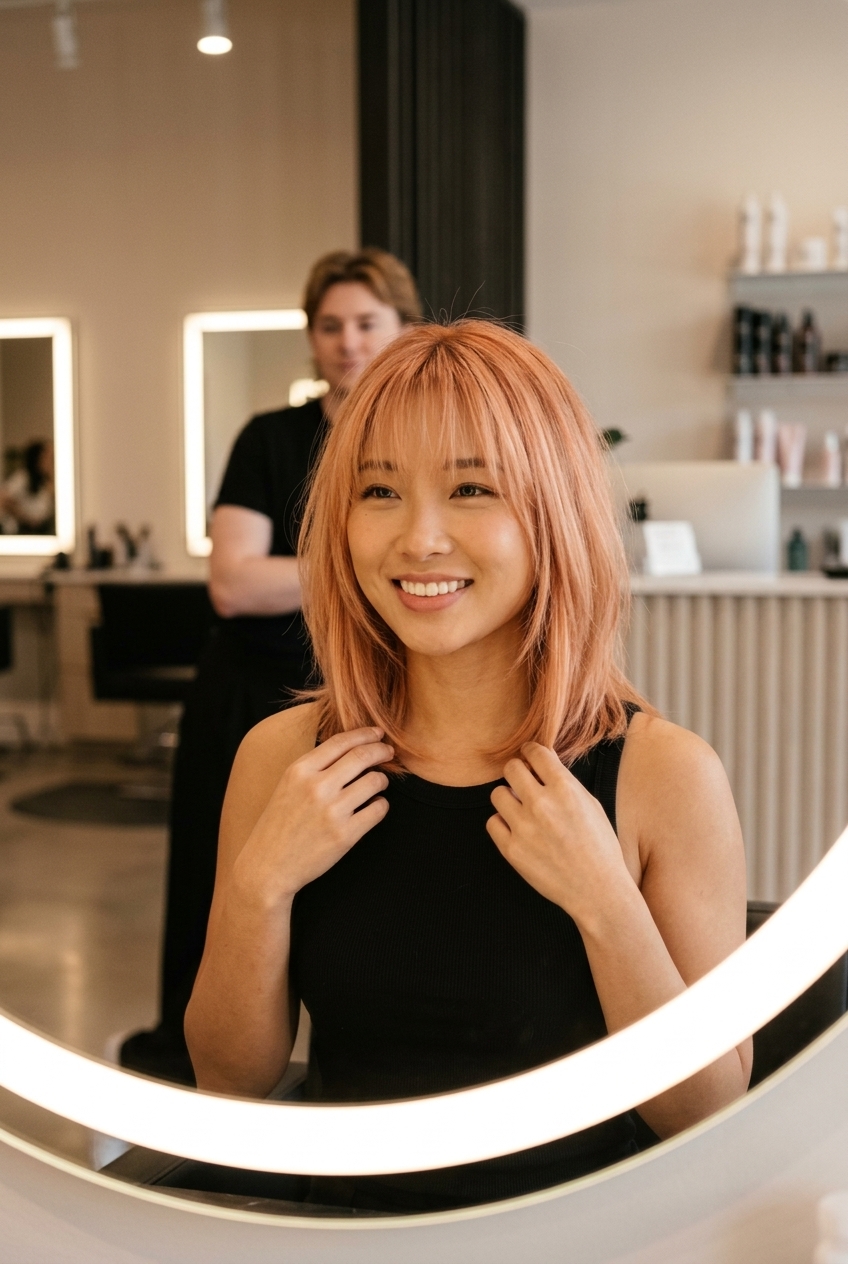 shoulder-length wispy bangs lob haircut in apricot copper with peachy undertones for playful look