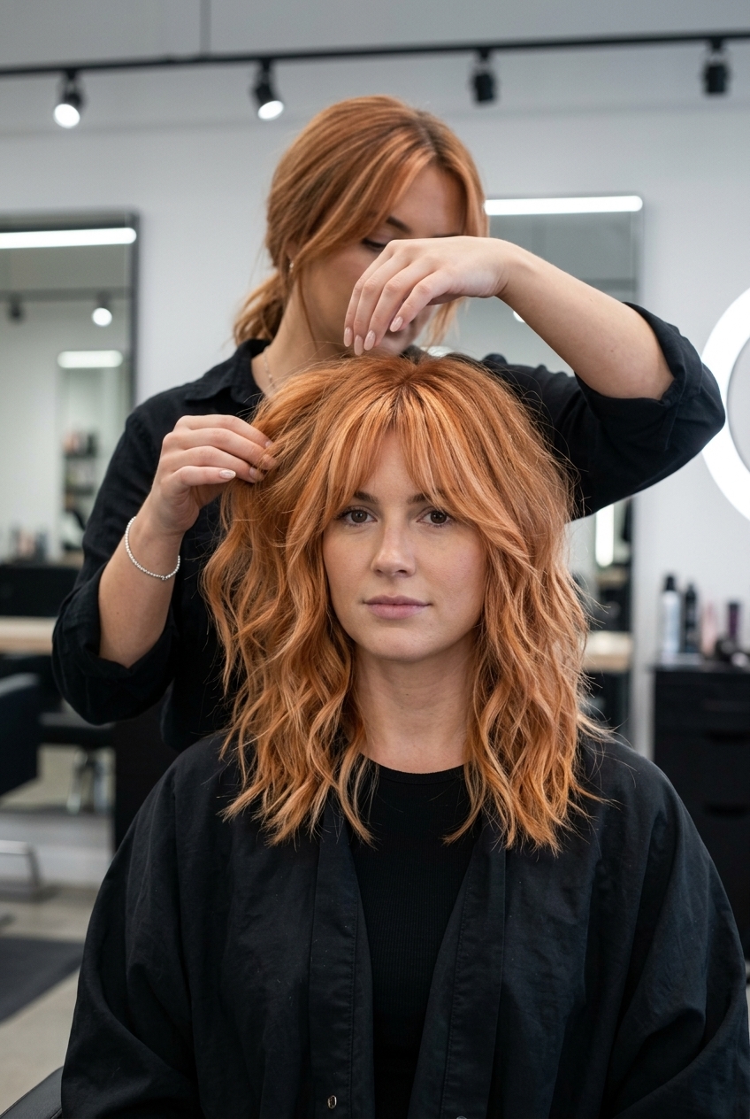 shoulder-length apricot copper shag haircut with strawberry blonde highlights and curtain fringe for summer