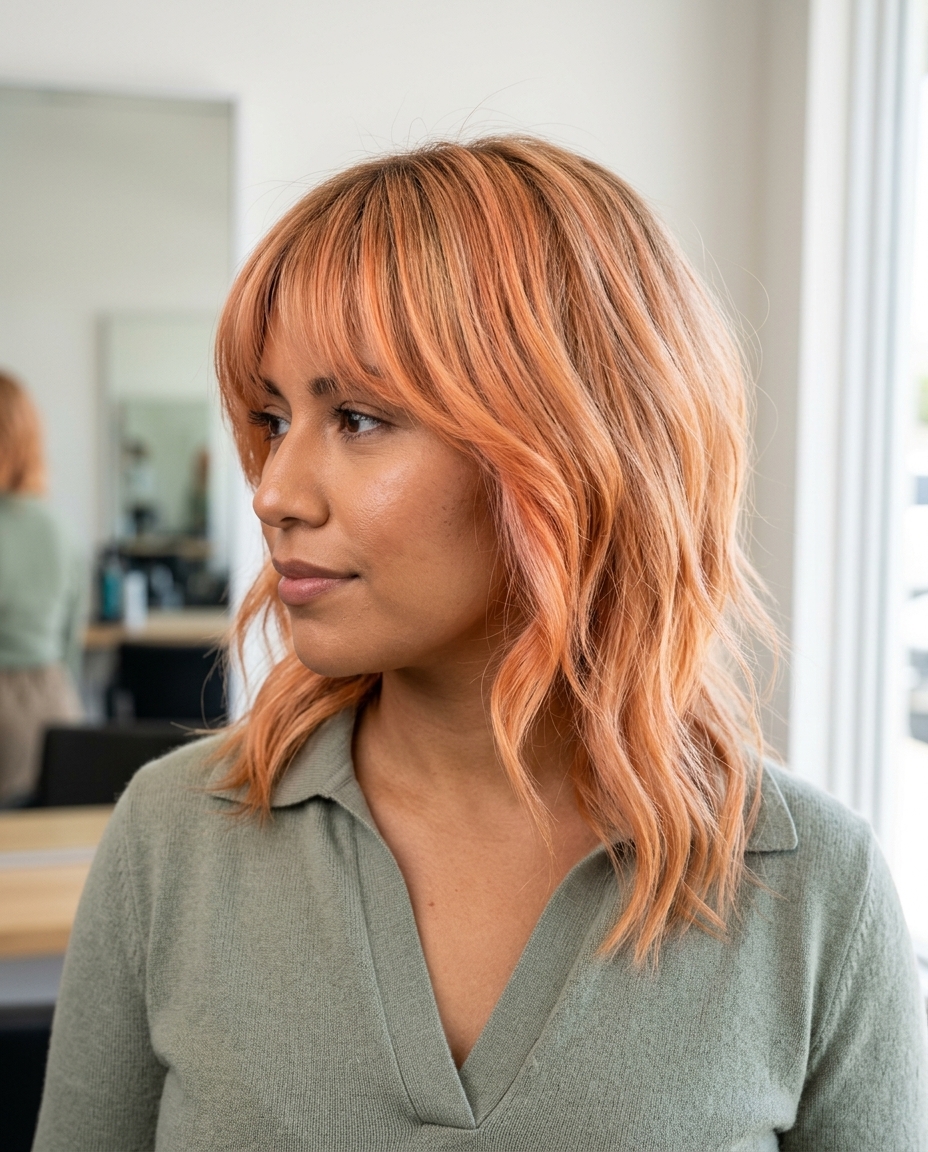 long apricot crush face-framing with rose gold, bold highlights, wispy bangs — playful
