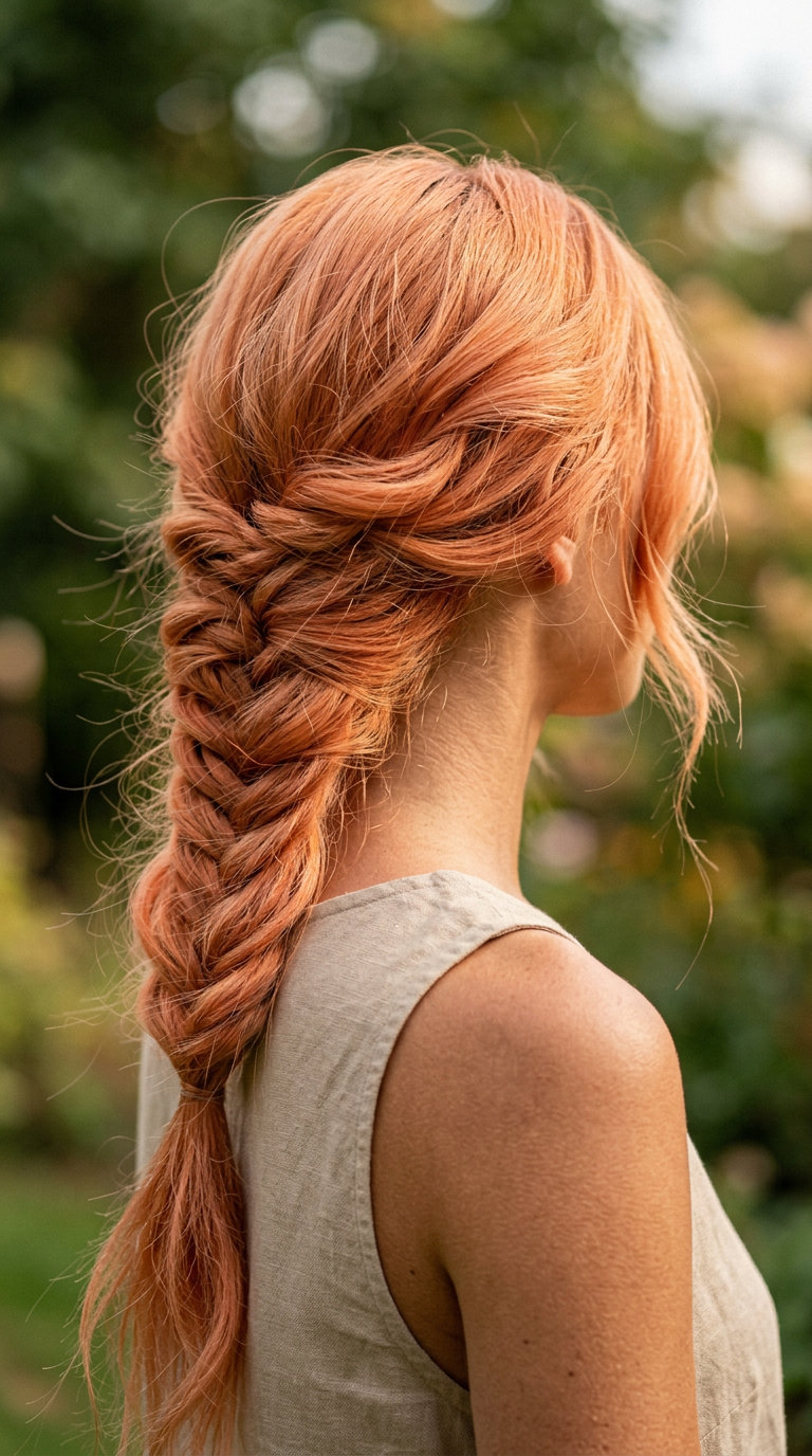 Boho Summer Fishtail Braid Hairstyle 2026 long wavy fishtail braid hairstyle with apricot crush, pancaked texture, and loose face-framing pieces for beach