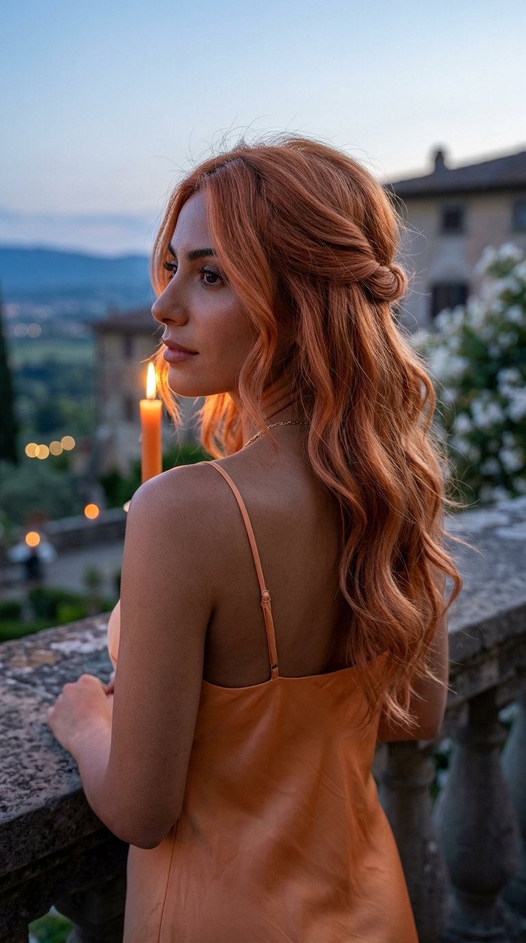 long wavy natural apricot crush half up half down with strawberry blonde undertones, butterfly layers, face-framing — romantic warm dreamy