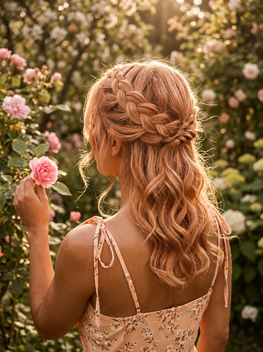 medium layered natural hair apricot crush half up half down with warm copper-gold, face-framing layers — playful romantic