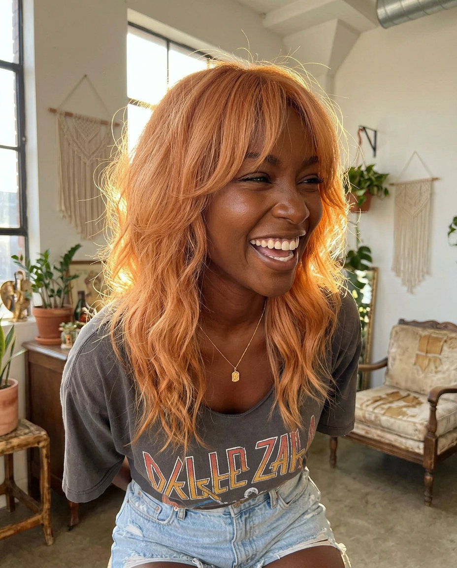 medium layered haircut with apricot crush balayage, wispy bangs for festival