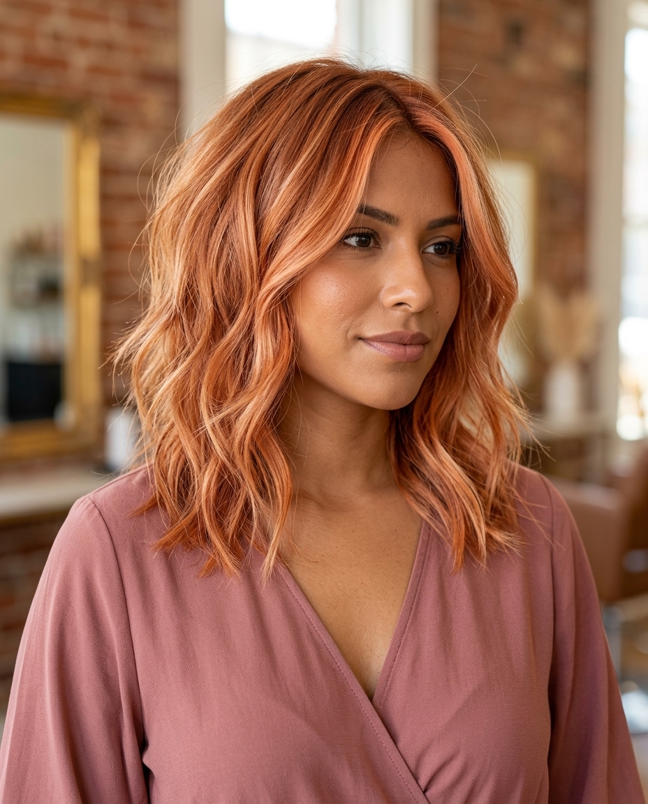 medium textured lob haircut with apricot crush color, choppy layers, face-framing — playful energy