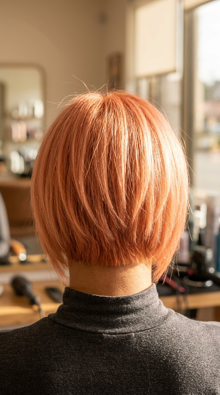 short apricot crush bixie haircut with peachy blonde and strawberry undertones, airy texture and feathered fringe for a vibrant look