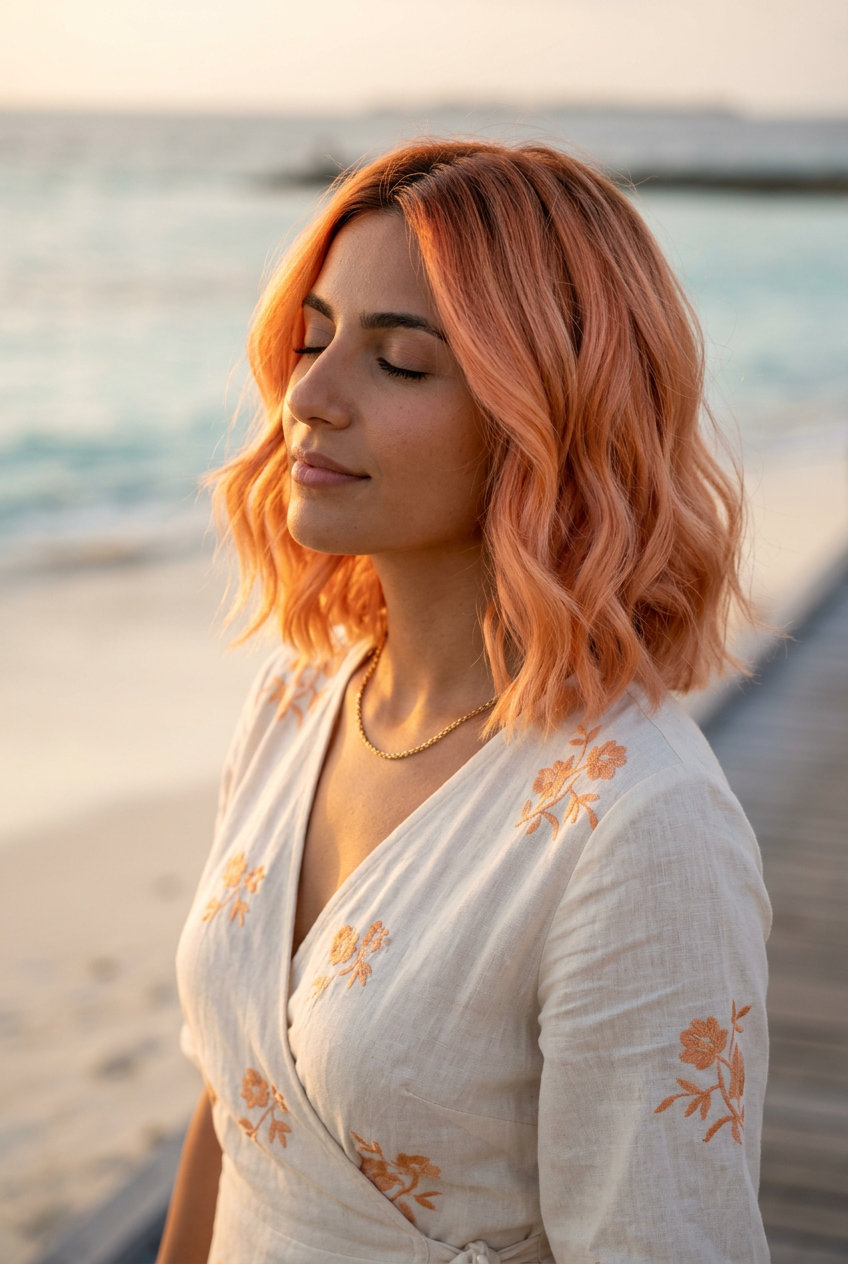 Romantic Apricot Crush Lob 2026 shoulder-length apricot crush lob with peach fuzz highlights and soft layers for romantic waves