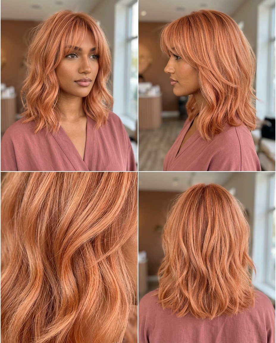 shoulder-length apricot crush wispy bangs haircut with copper-gold toner for summer