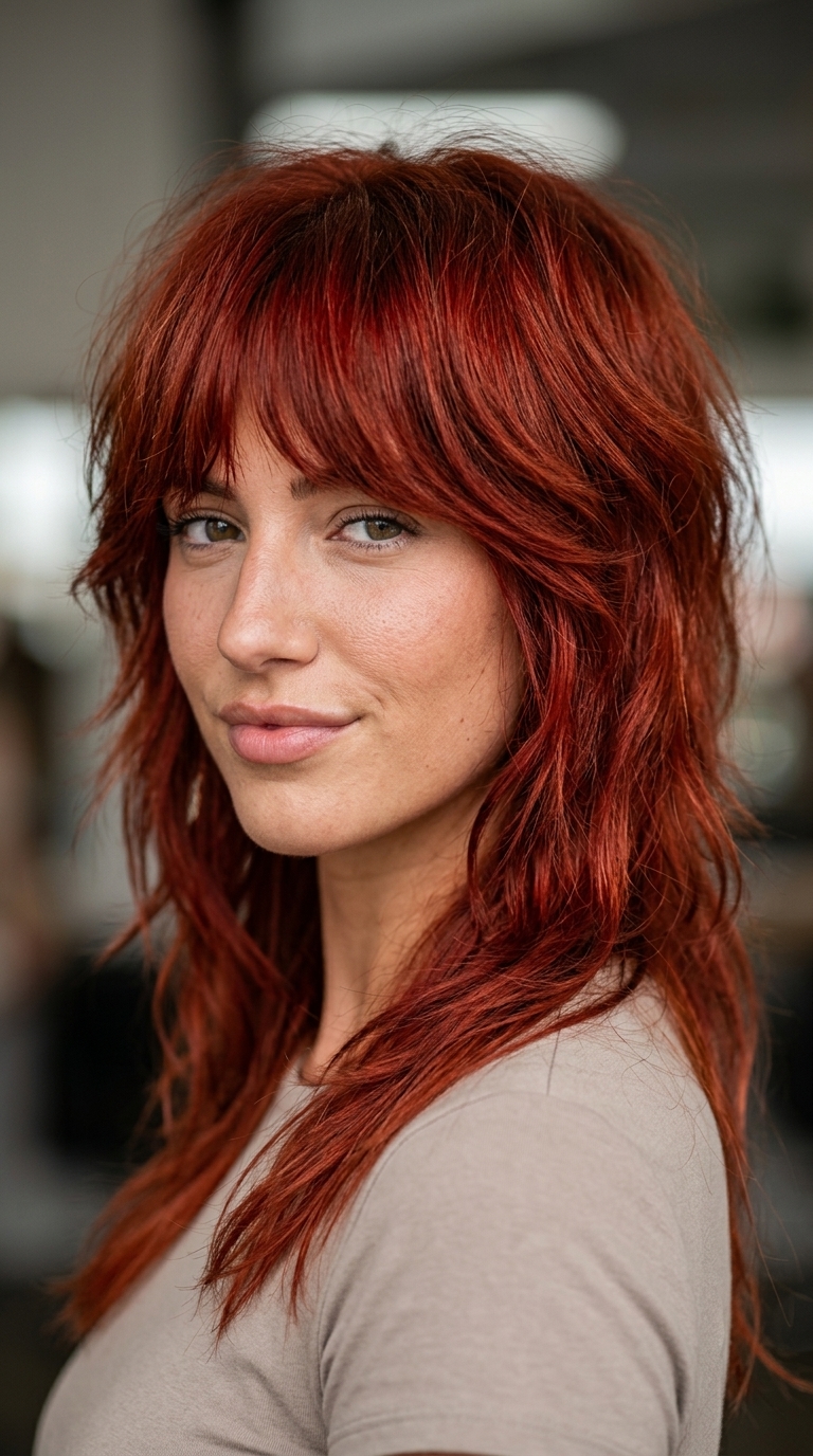 shoulder-length apricot crush mullet with choppy layers, feathered face-framing, no fringe — retro playful