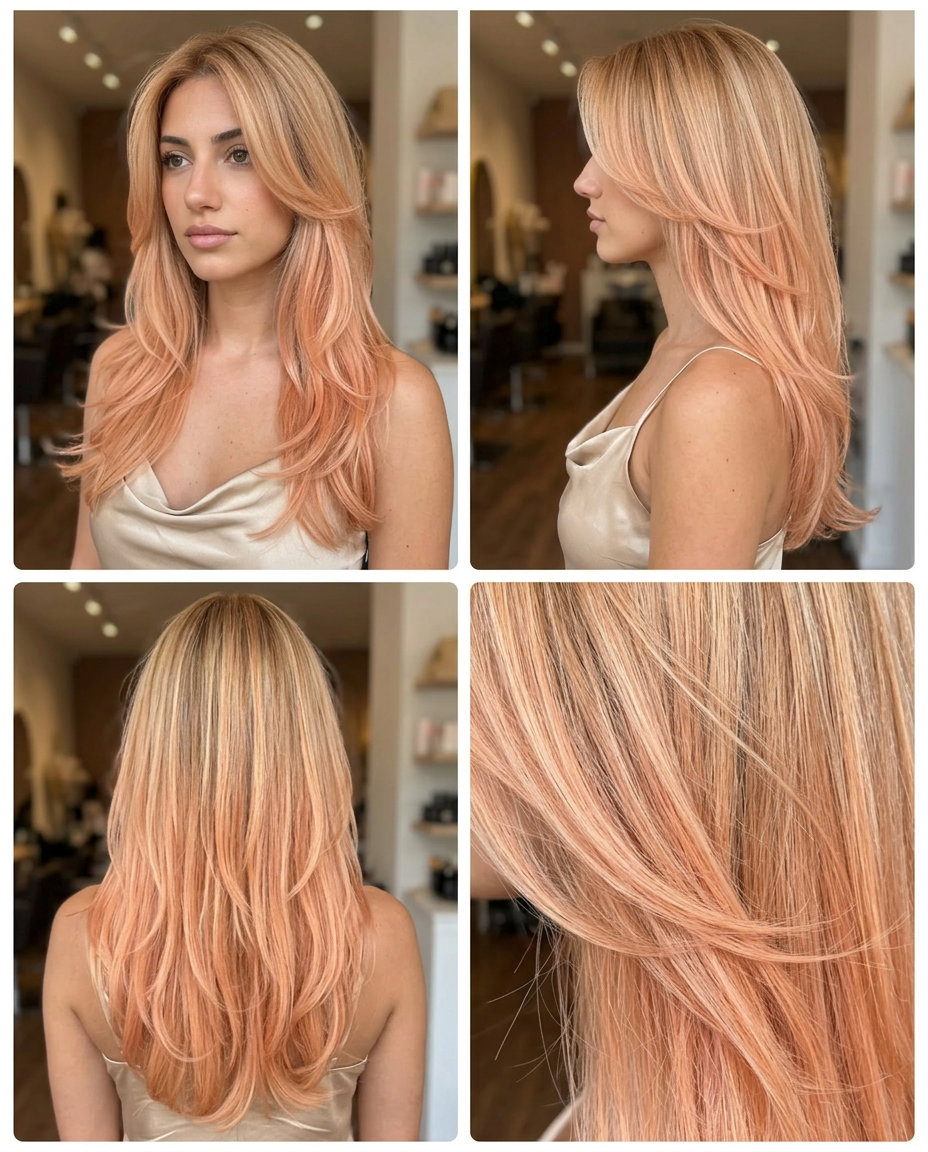 extra-long apricot ombre with soft face-framing layers and diffused ends for summer
