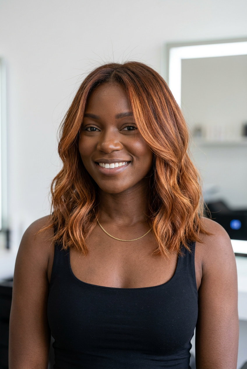 medium apricot auburn balayage with natural root and face-framing layers for beach vacation