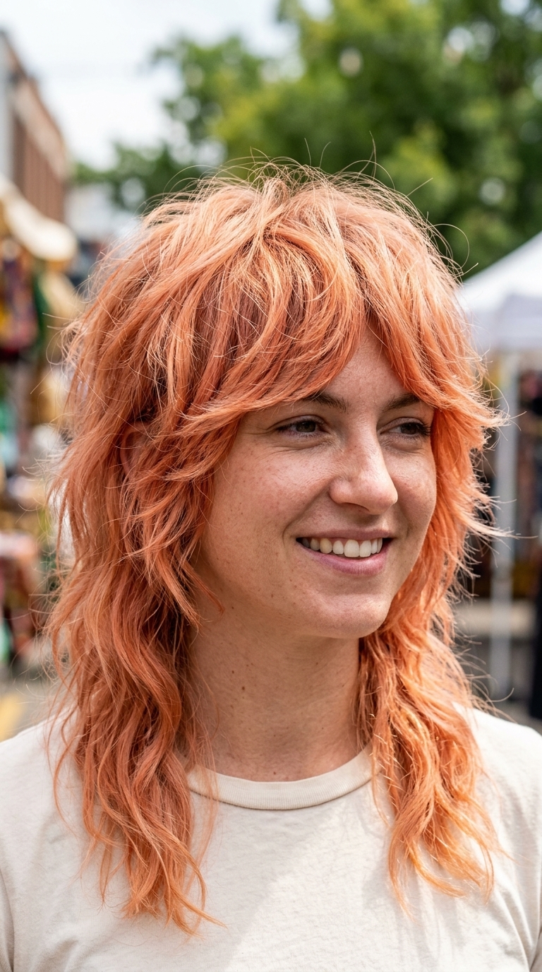 long apricot orange mullet with shag layers and wispy ends for playful vibes