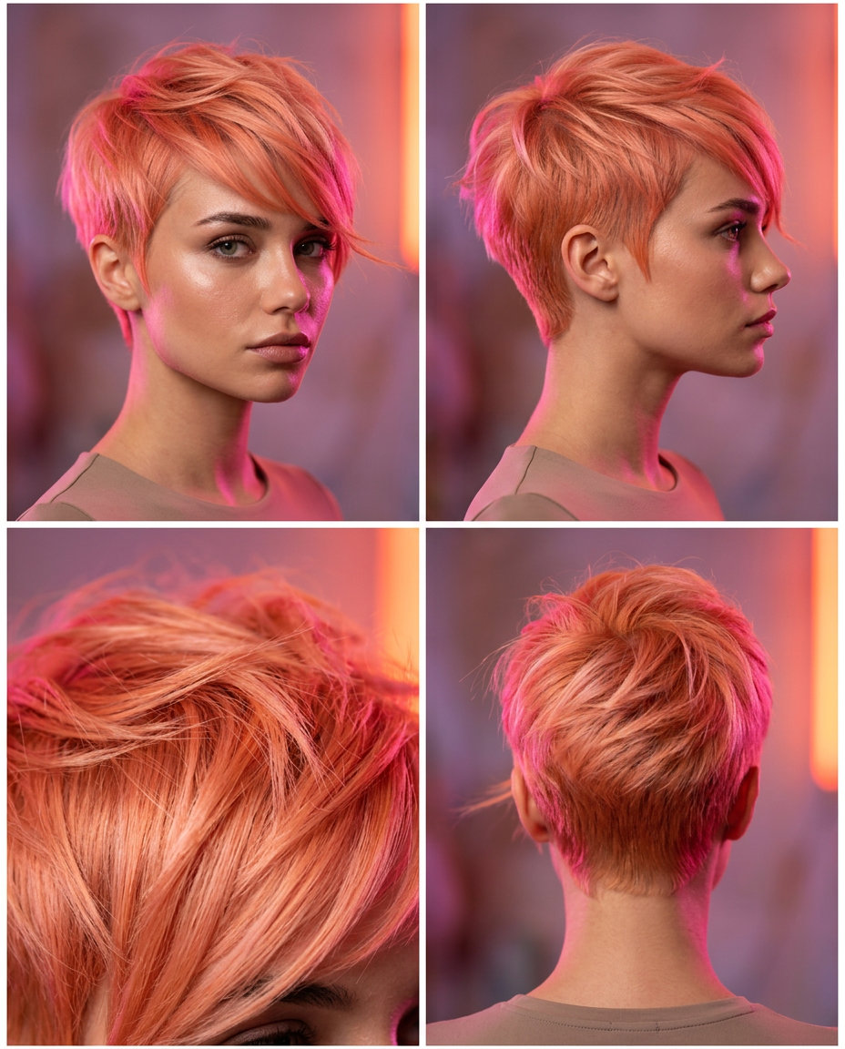 short vibrant apricot orange-pink pixie cut with tapered sides and asymmetrical fringe for summer