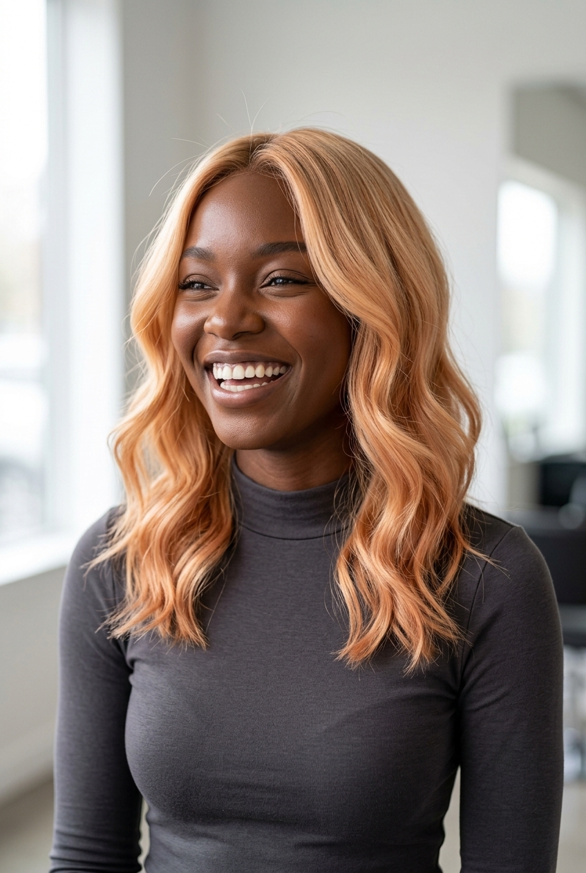 long layered blonde with apricot blonde and peach-gold color melt for summer