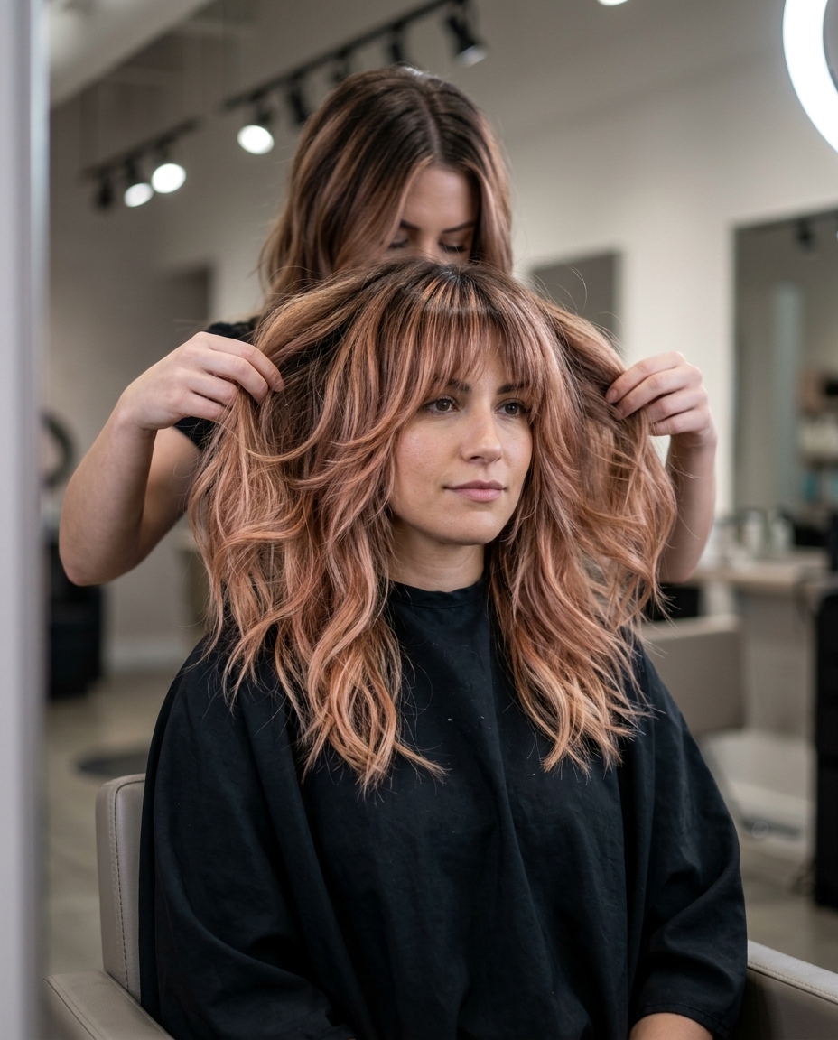short shag haircut in apricot crush with rose gold accents and feathered bangs for summer