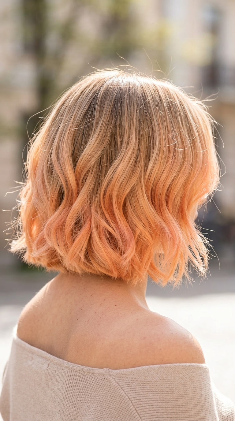 short apricot crush bob ombre with pastel peach and apricot orange, diffused blend, no bangs — playful summer party