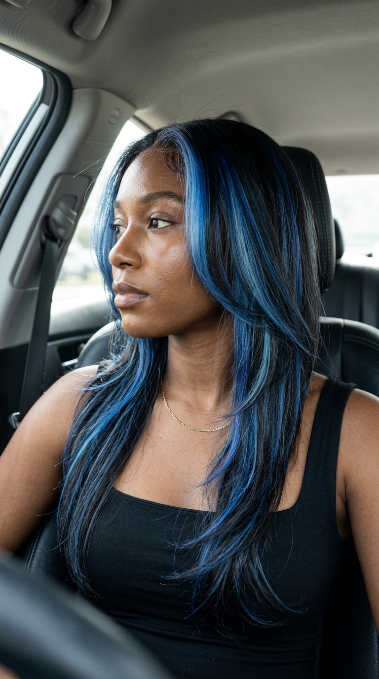 long layered hair with arctic blue highlights and blue-black base, precision foiling technique — edgy creative look