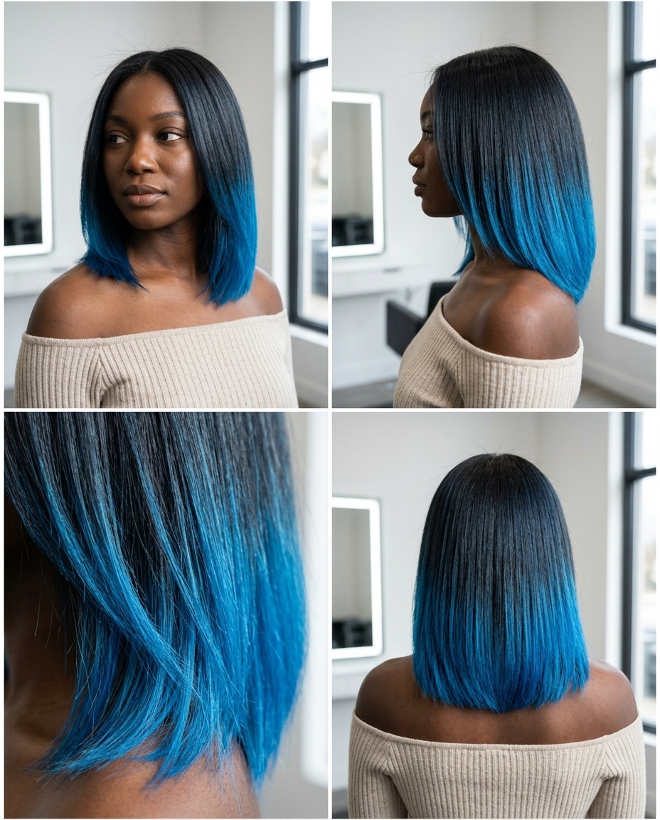 medium-length hair with arctic blue tips and cool dark base, dip-dye technique — edgy festival look