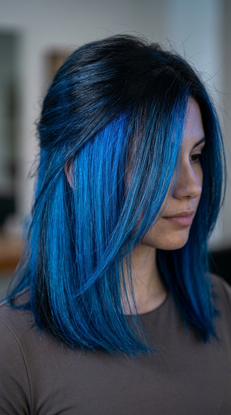 short textured hair with arctic blue undercut and dark base, fashion color application — edgy rebellious style