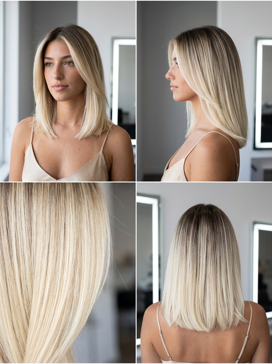 long arctic gold blonde hair color with deep beige root, reverse balayage technique — luxurious edgy look